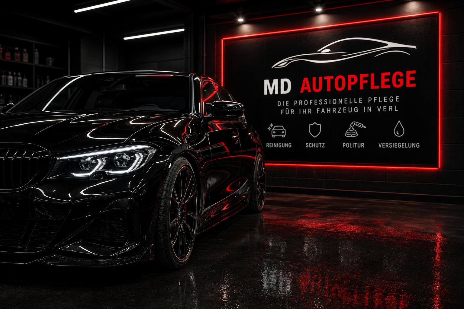 Schwarzes professionell aufbereitetes Fahrzeug bei MD Autopflege